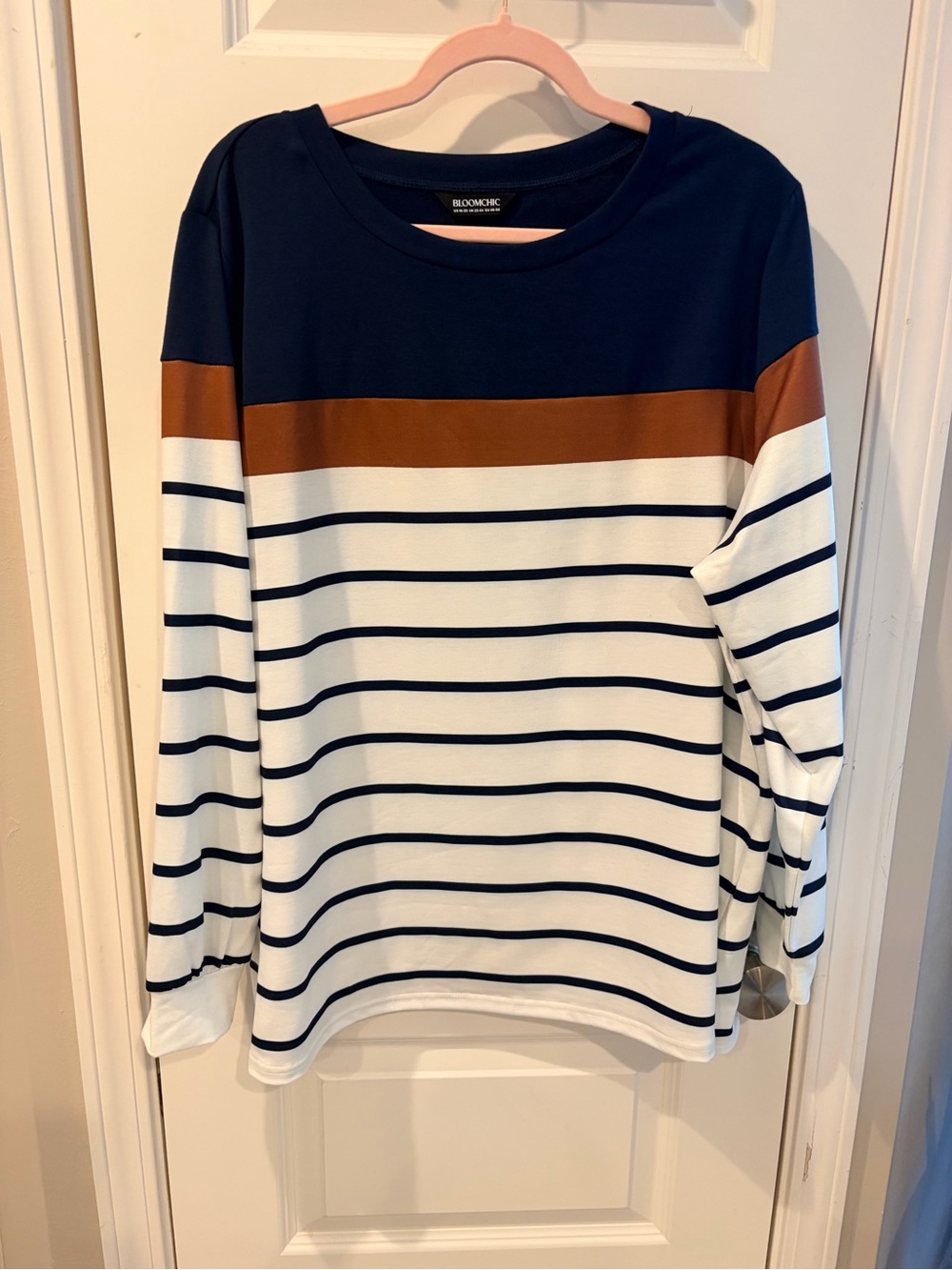BloomChic Women’s Navy, White & Brown Stripe Long-Sleeve Top Size 18/20